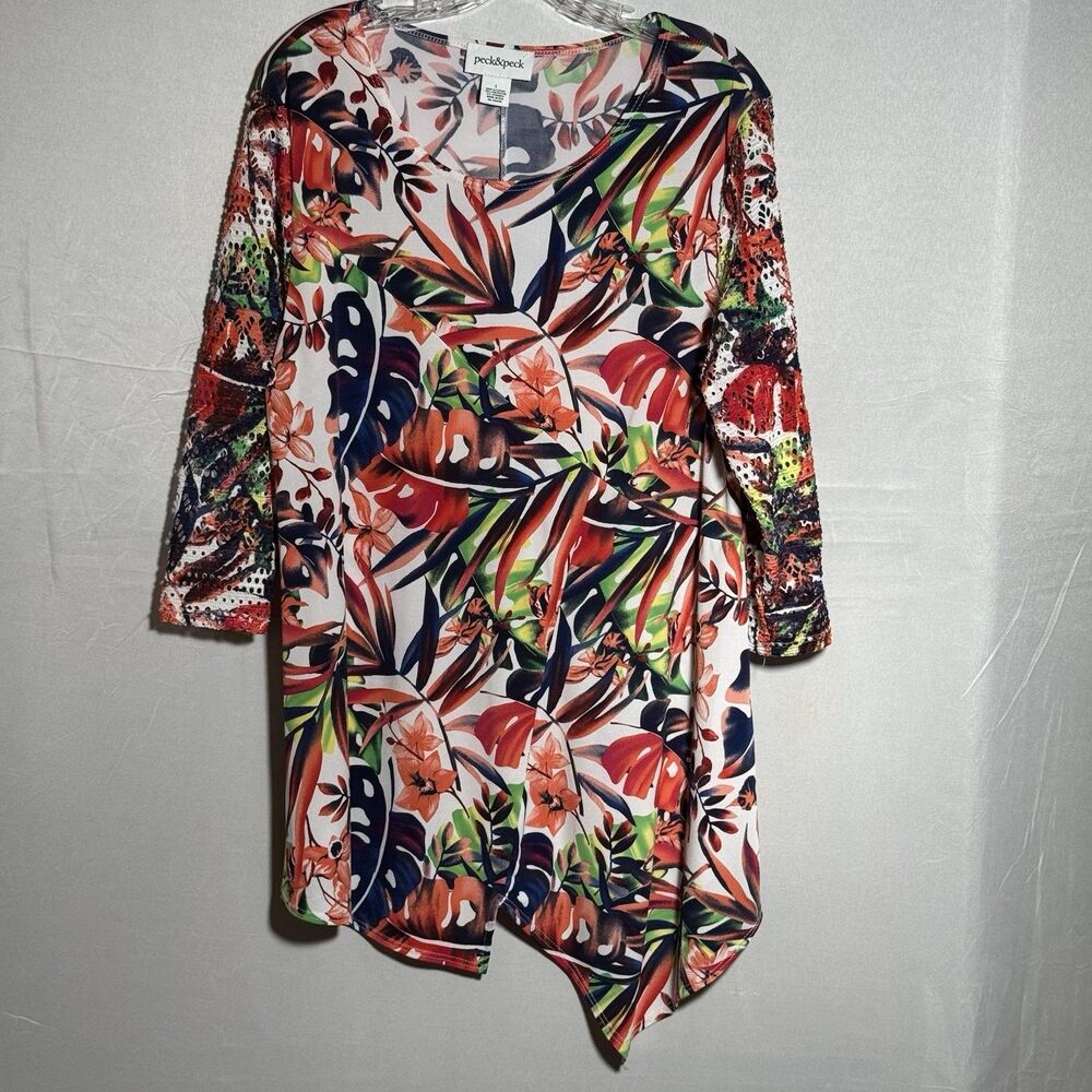 Peck & Peck Womens L Tropical Floral Tunic Top Lace Sleeve Asymmetrical Hem